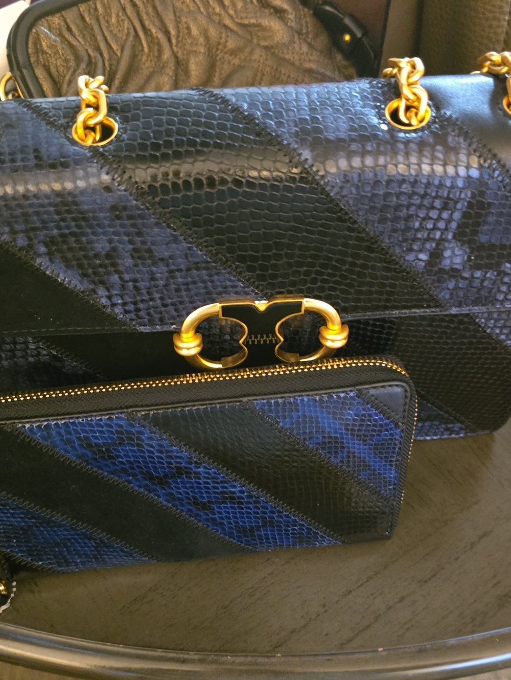 Tory Burch Black and Blue Snake-Embossed Shoulder Bag with Gold Hardware